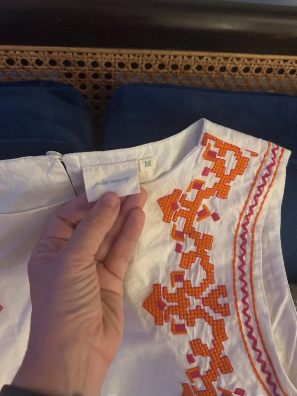 Julia Amory White Embroidered Slim Crop Tank with Orange Detail - Picture 3 of 4